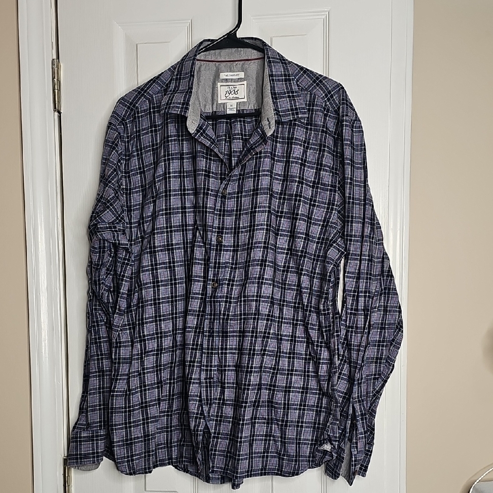 Jos. A. Bank Men's Checkered Shirt in Navy Light Blue and Grey 100% Cotton